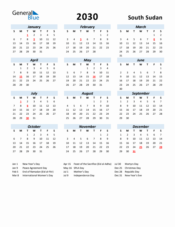 2030 Calendar for South Sudan with Holidays