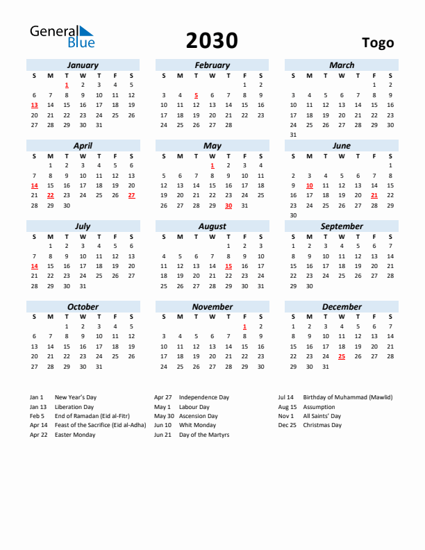 2030 Calendar for Togo with Holidays