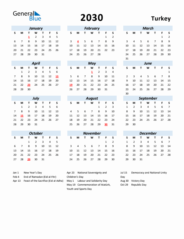 2030 Calendar for Turkey with Holidays