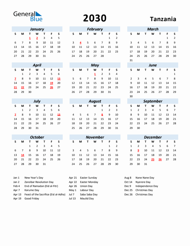 2030 Calendar for Tanzania with Holidays