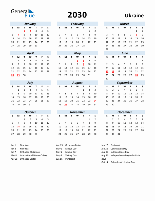 2030 Calendar for Ukraine with Holidays