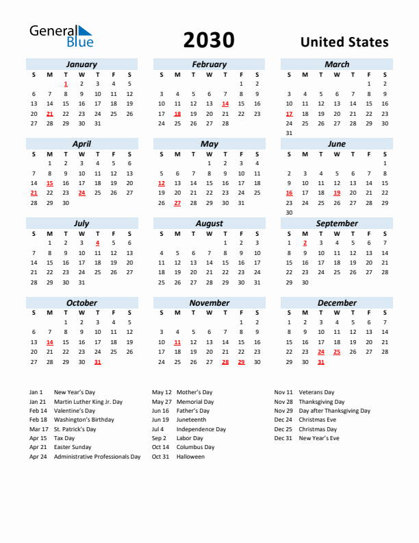 2030 Calendar for United States with Holidays