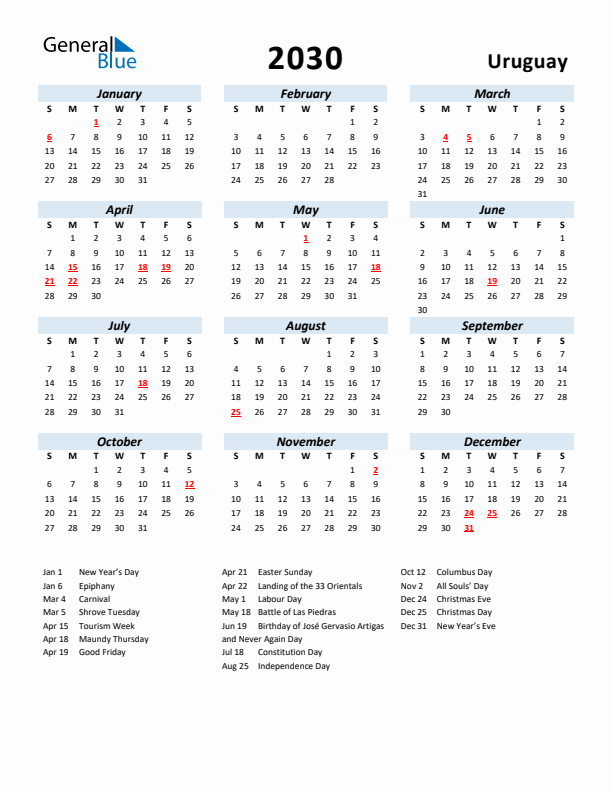 2030 Calendar for Uruguay with Holidays