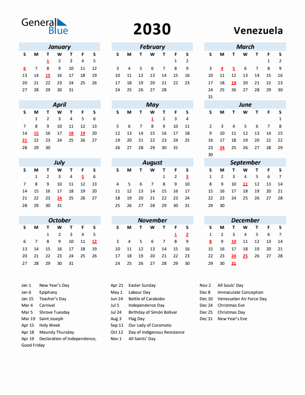 2030 Calendar for Venezuela with Holidays