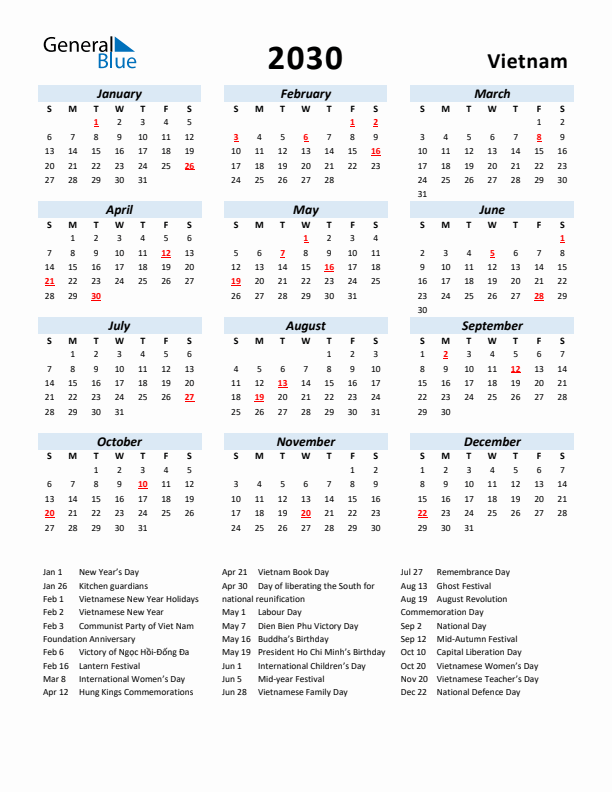 2030 Calendar for Vietnam with Holidays