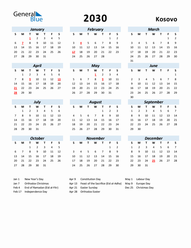 2030 Calendar for Kosovo with Holidays