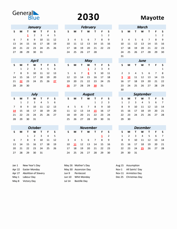 2030 Calendar for Mayotte with Holidays