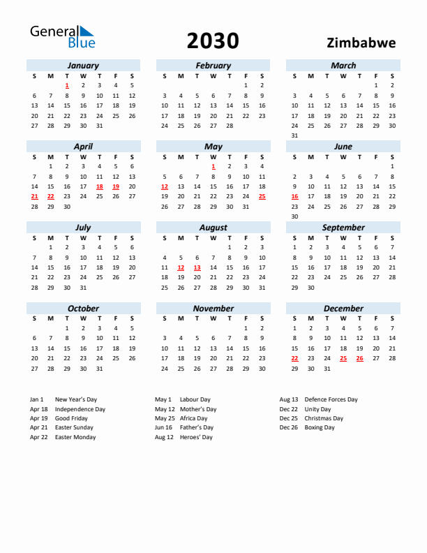 2030 Calendar for Zimbabwe with Holidays