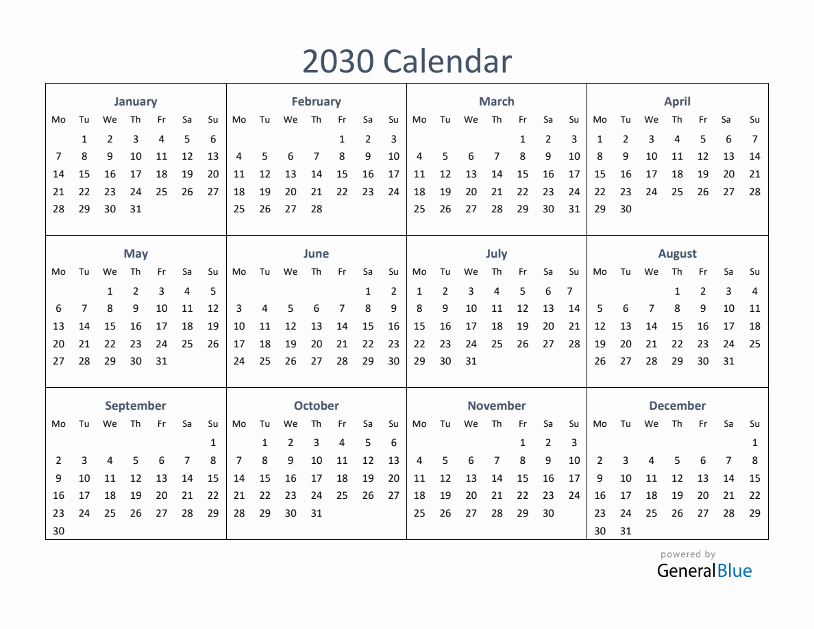 One-Page Yearly Calendar 2030 (PDF Excel Word)