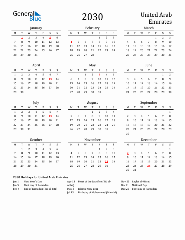 United Arab Emirates Holidays Calendar for 2030