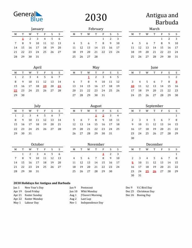 Antigua and Barbuda Holidays Calendar for 2030