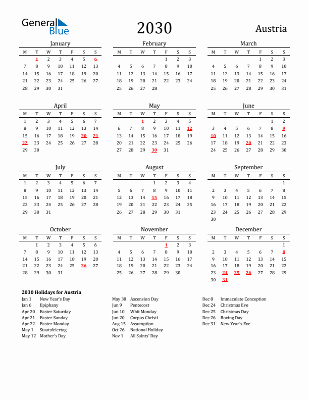 Austria Holidays Calendar for 2030