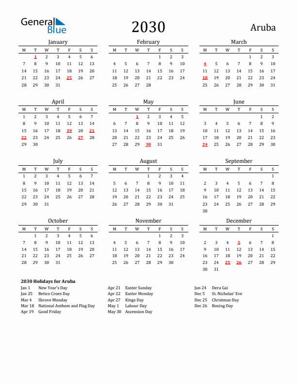 Aruba Holidays Calendar for 2030