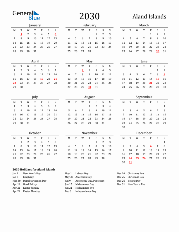 Aland Islands Holidays Calendar for 2030