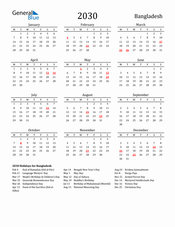 Bangladesh Holidays Calendar for 2030