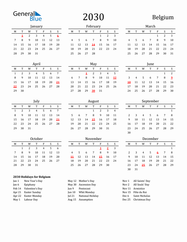 Belgium Holidays Calendar for 2030