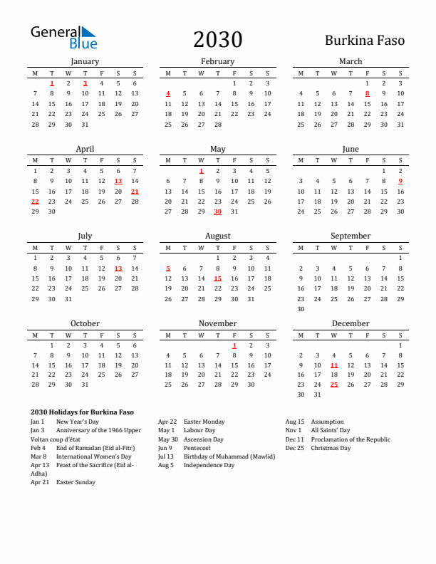 Burkina Faso Holidays Calendar for 2030