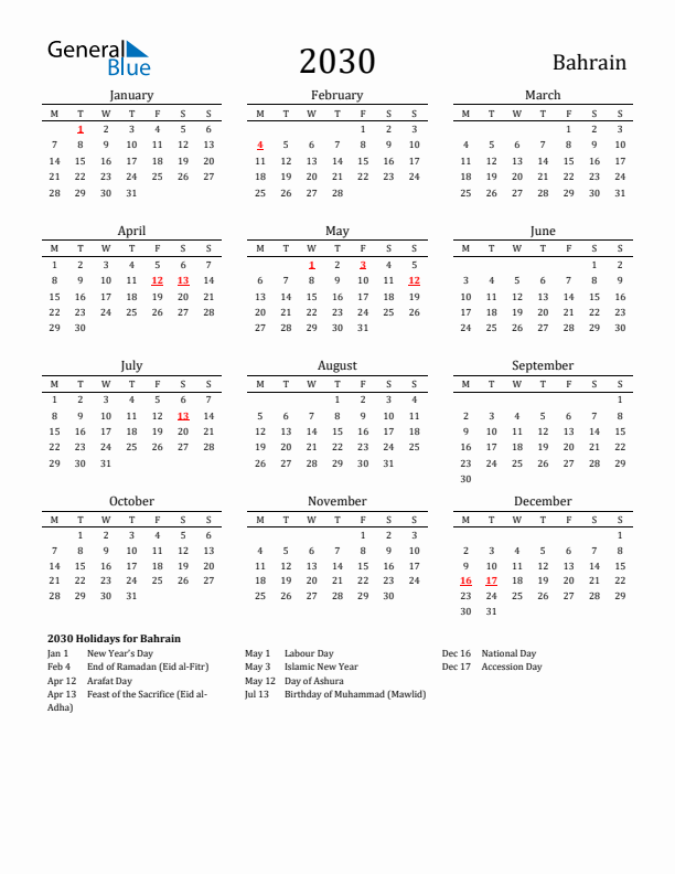 Bahrain Holidays Calendar for 2030