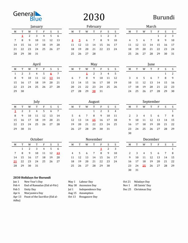 Burundi Holidays Calendar for 2030
