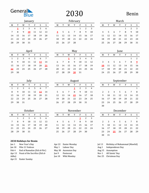 Benin Holidays Calendar for 2030