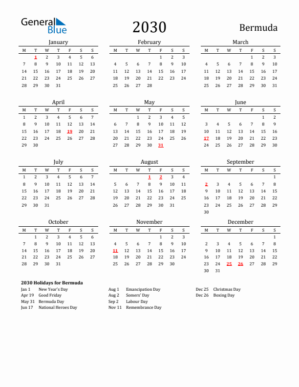 Bermuda Holidays Calendar for 2030