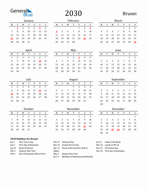 Brunei Holidays Calendar for 2030