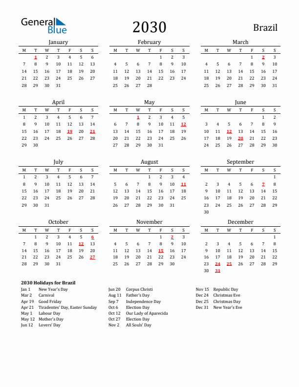 Brazil Holidays Calendar for 2030
