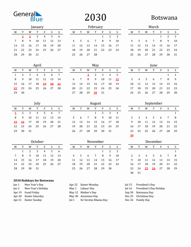 Botswana Holidays Calendar for 2030