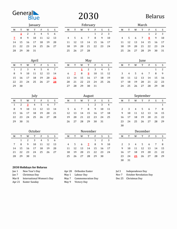 Belarus Holidays Calendar for 2030