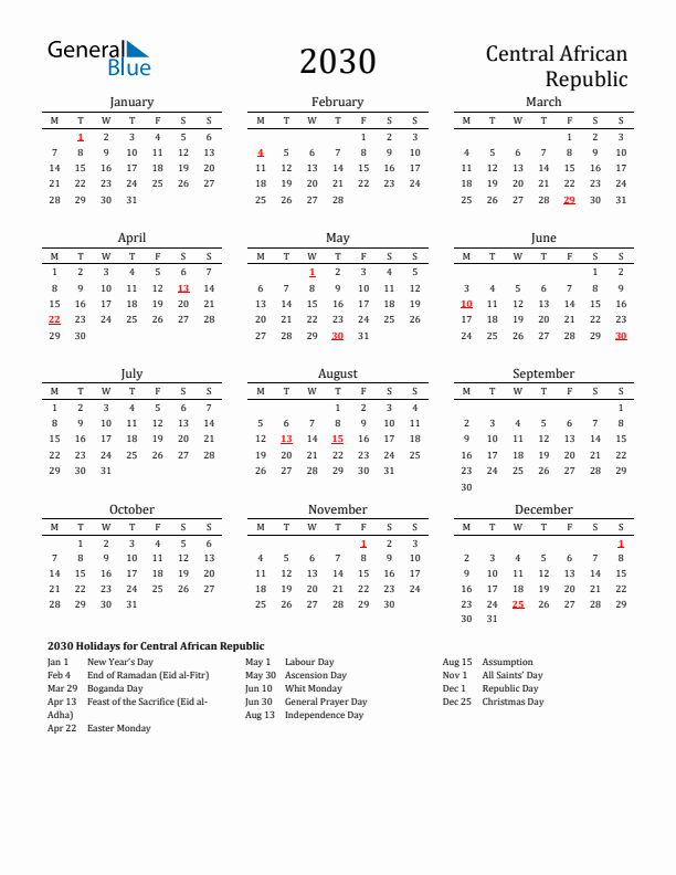 Central African Republic Holidays Calendar for 2030