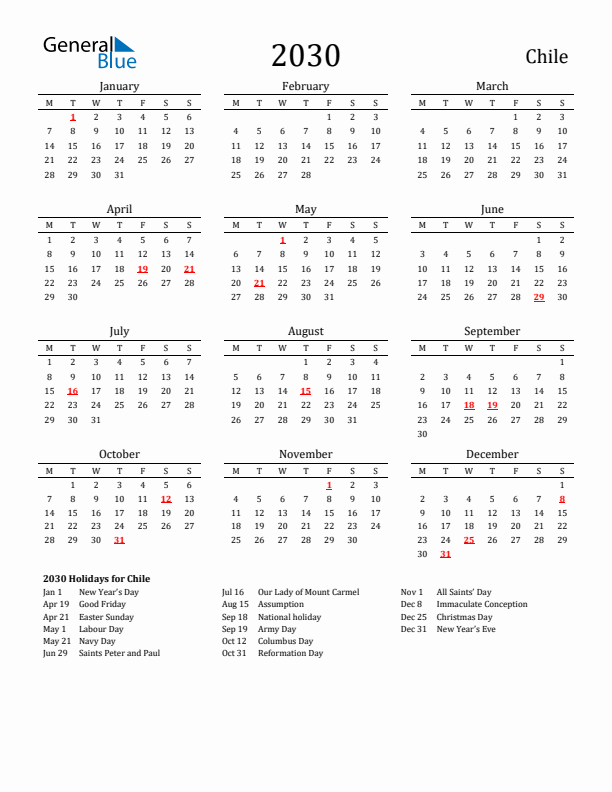 Chile Holidays Calendar for 2030
