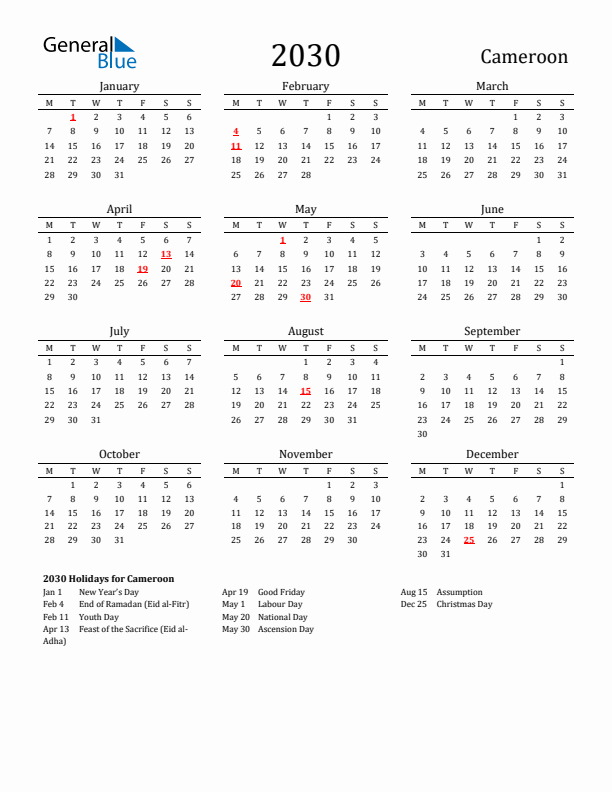 Cameroon Holidays Calendar for 2030