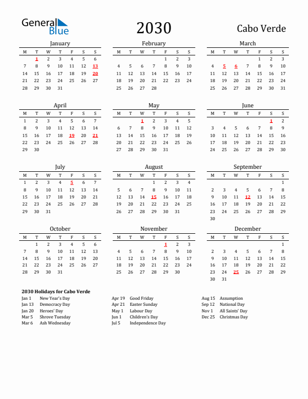 Cabo Verde Holidays Calendar for 2030