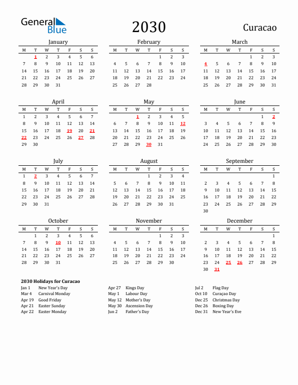Curacao Holidays Calendar for 2030