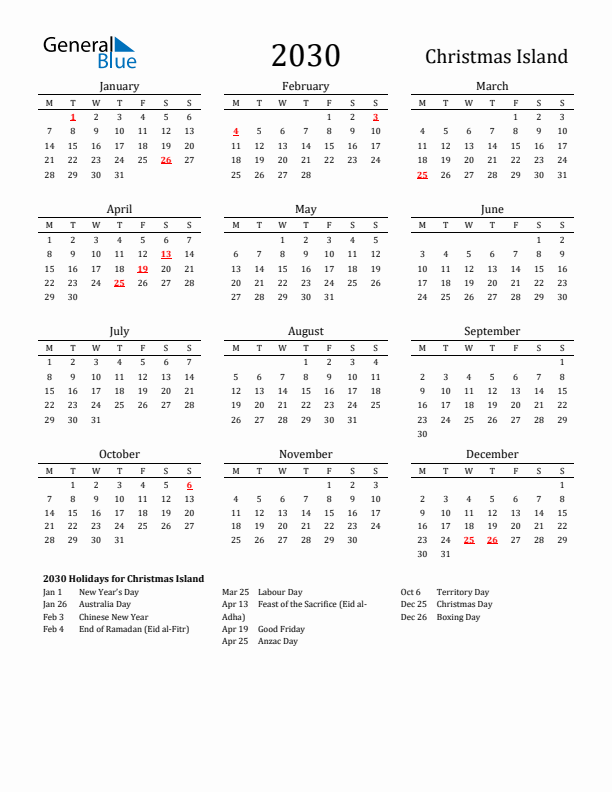 Christmas Island Holidays Calendar for 2030