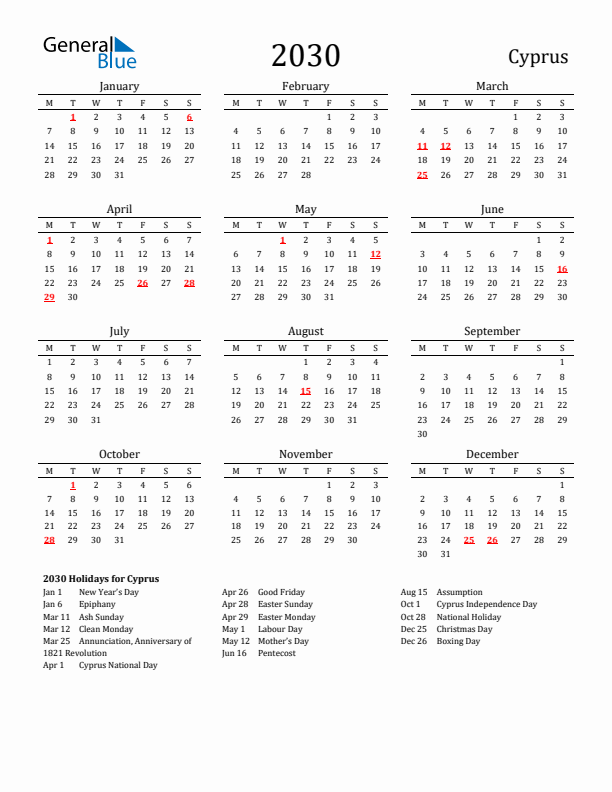 Cyprus Holidays Calendar for 2030