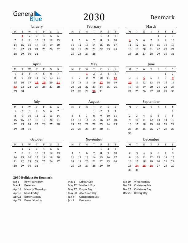 Denmark Holidays Calendar for 2030
