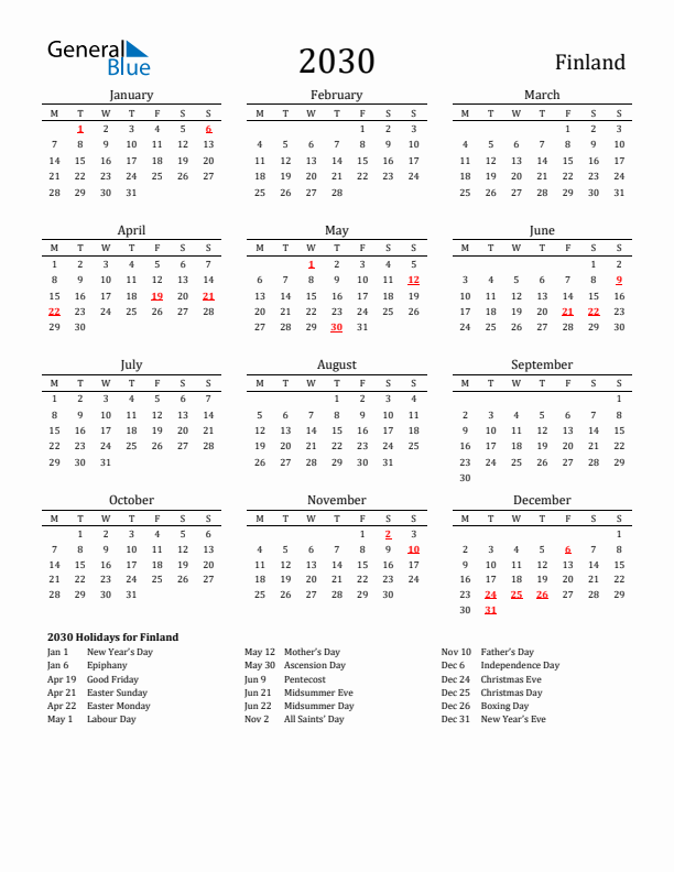 Finland Holidays Calendar for 2030