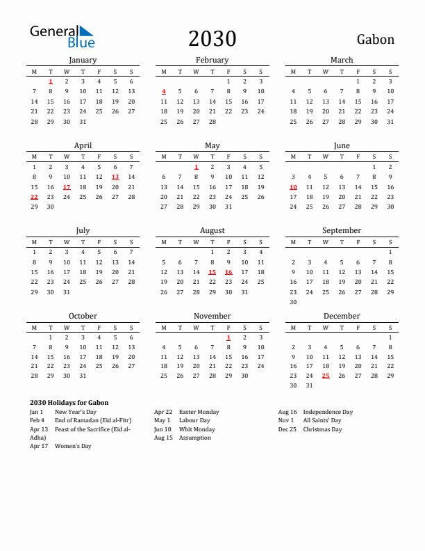 Gabon Holidays Calendar for 2030