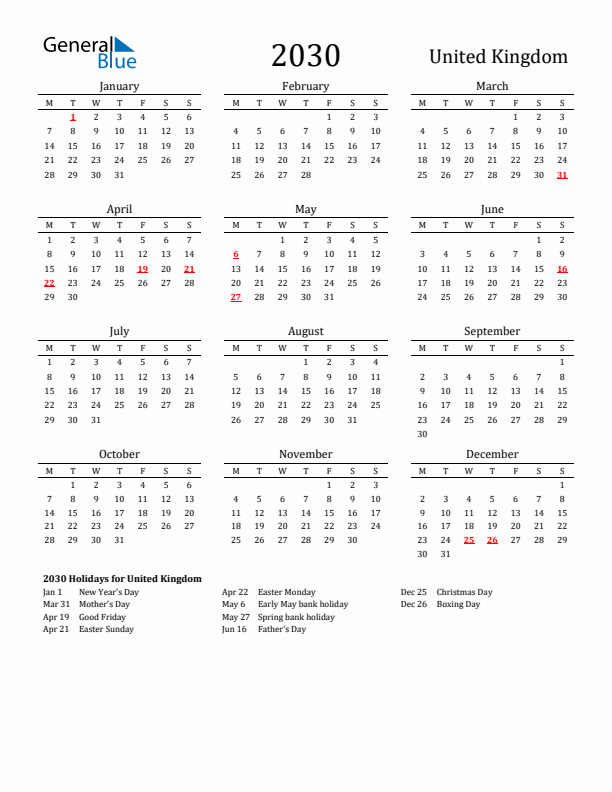 United Kingdom Holidays Calendar for 2030