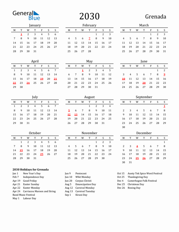 Grenada Holidays Calendar for 2030