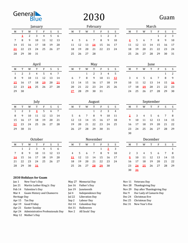 Guam Holidays Calendar for 2030