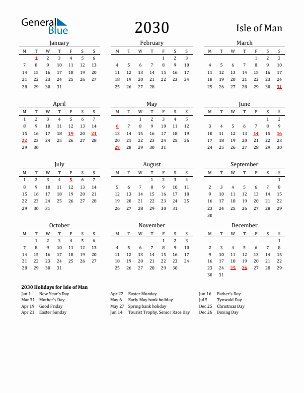 Isle of Man Holidays Calendar for 2030
