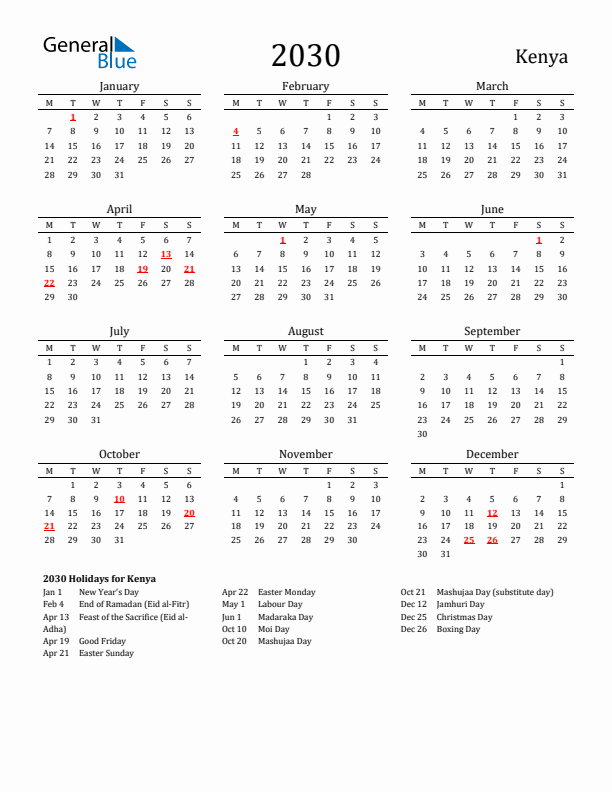 Kenya Holidays Calendar for 2030