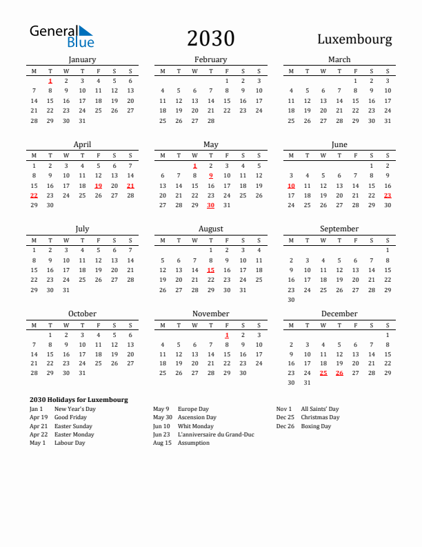 Luxembourg Holidays Calendar for 2030