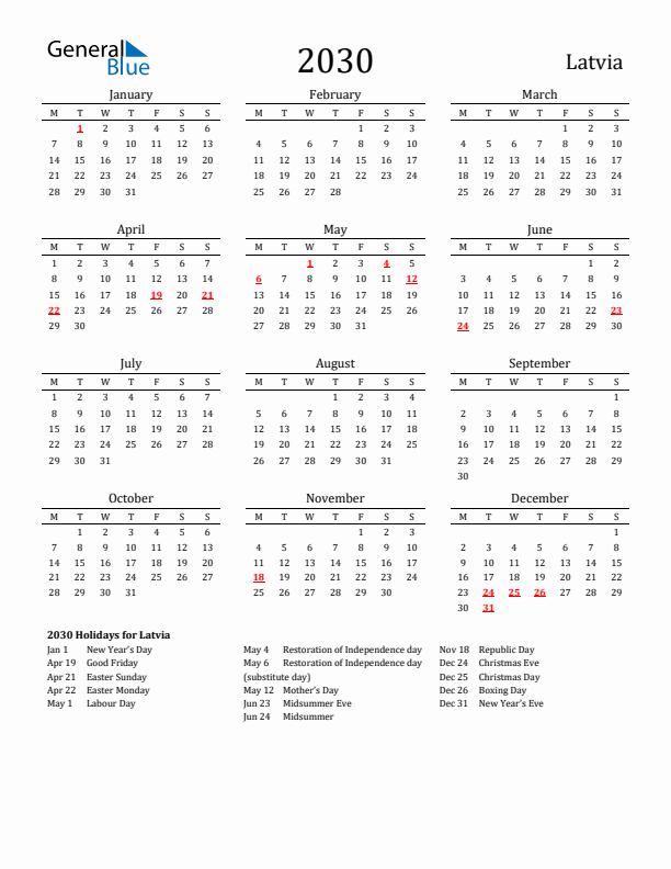 Latvia Holidays Calendar for 2030