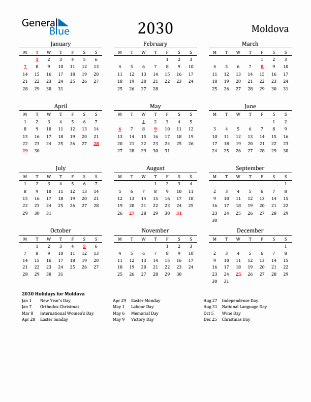 Moldova Holidays Calendar for 2030