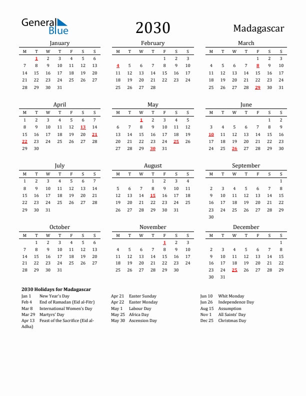 Madagascar Holidays Calendar for 2030