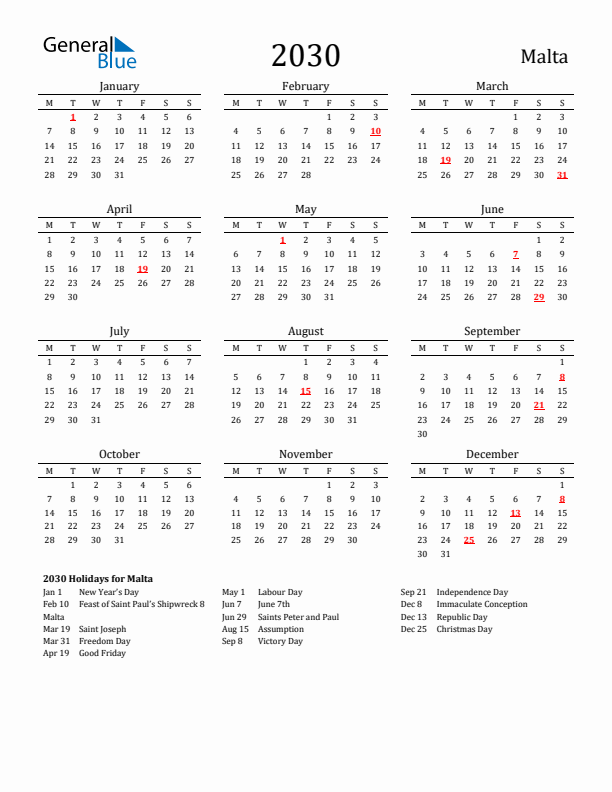 Malta Holidays Calendar for 2030