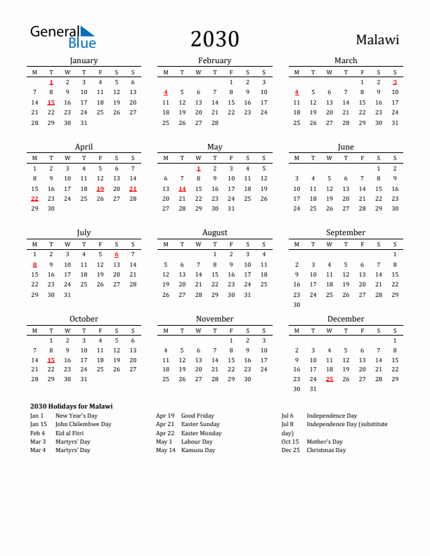 Malawi Holidays Calendar for 2030